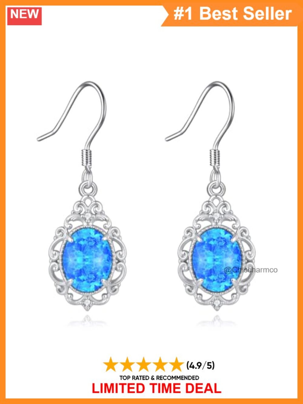 Dainty Blue Opal Dangle Earrings 925 Sterling Silver Diamonds Scrollwork